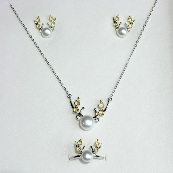 925S Deer‎ Pattern Necklace Ring Earring Freshwater Pearl Jewelry Set - Picture 14 of 15